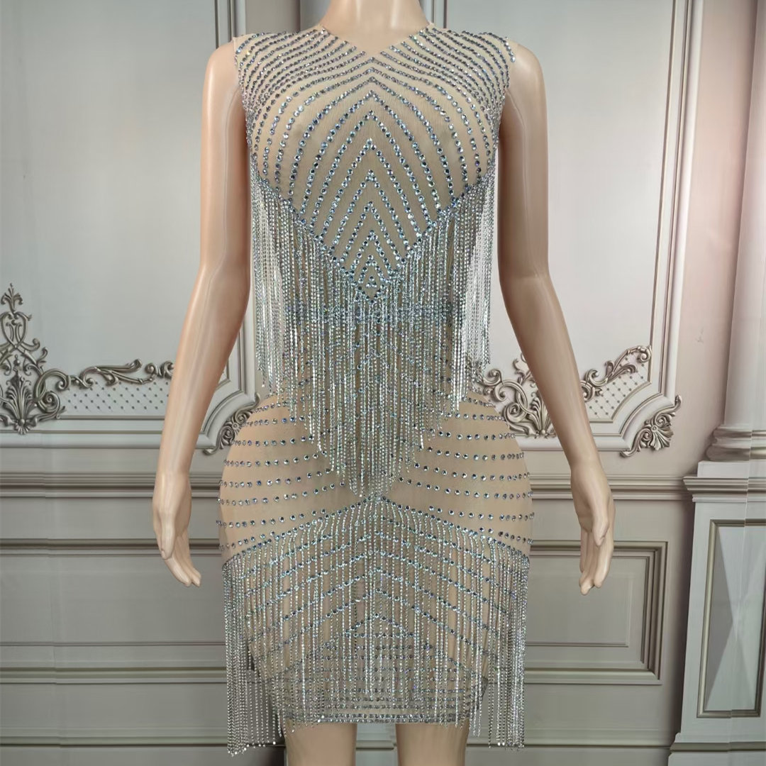 See through mesh rhinestone tassel bodycon womens short dress