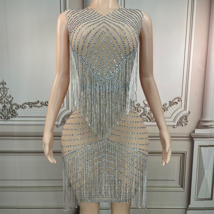 See through mesh rhinestone tassel bodycon womens short dress