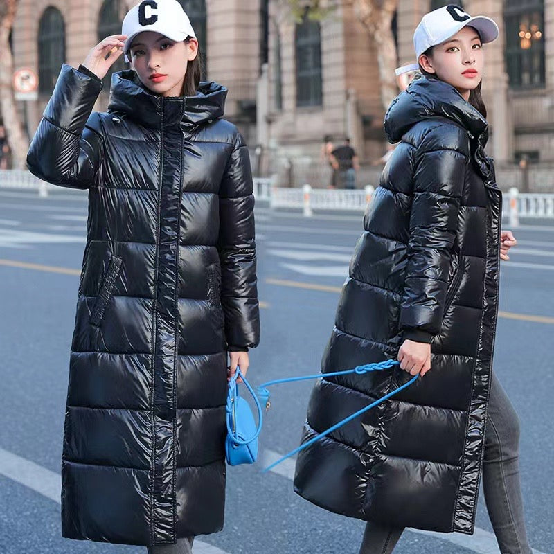 Long style padded winter coat zipper hooded stand collar warm apparel