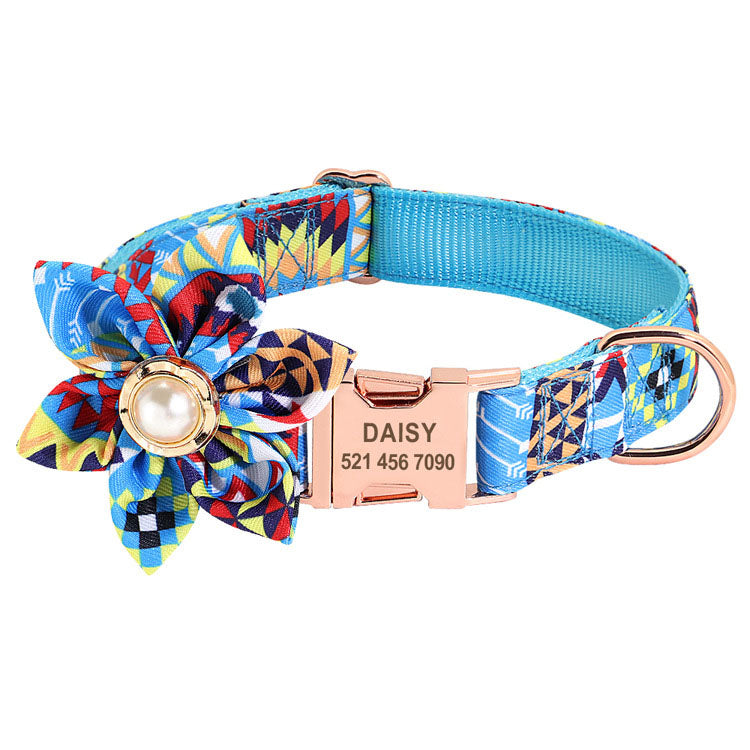 Hot sell ethnic style flower dog collar metal buckle with lettering