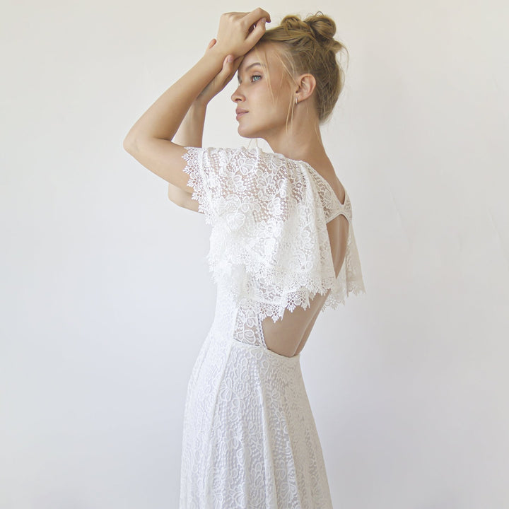 Open Back Wedding Dress, Lace Short Sleeves Bridal Dress #1360