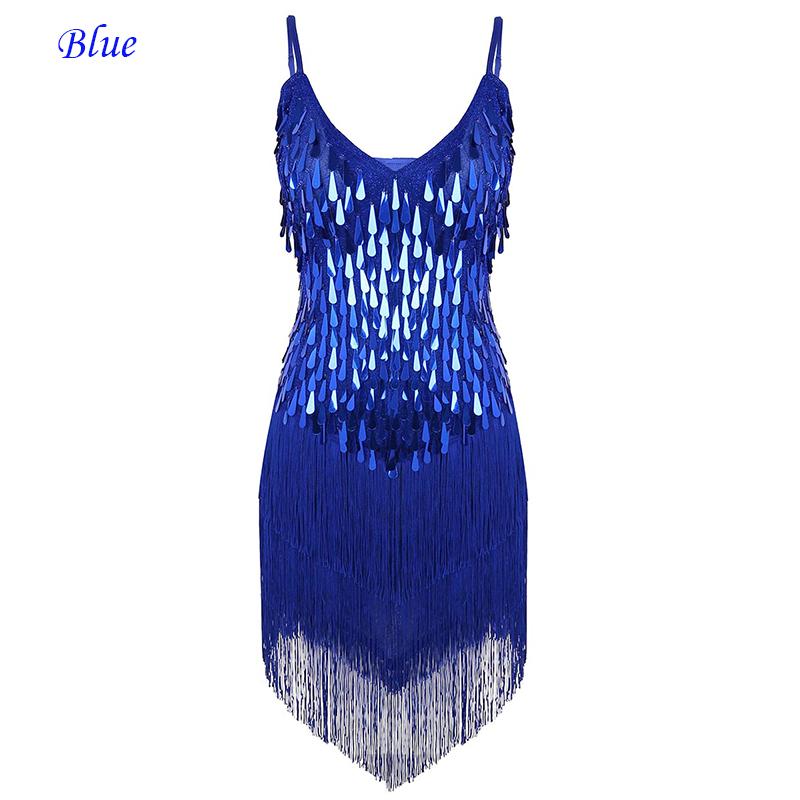 Women spaghetti straps sparkling sequins fringe dance party dress gowns