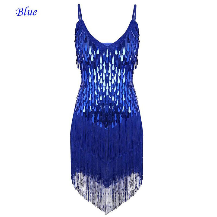 Women spaghetti straps sparkling sequins fringe dance party dress gowns