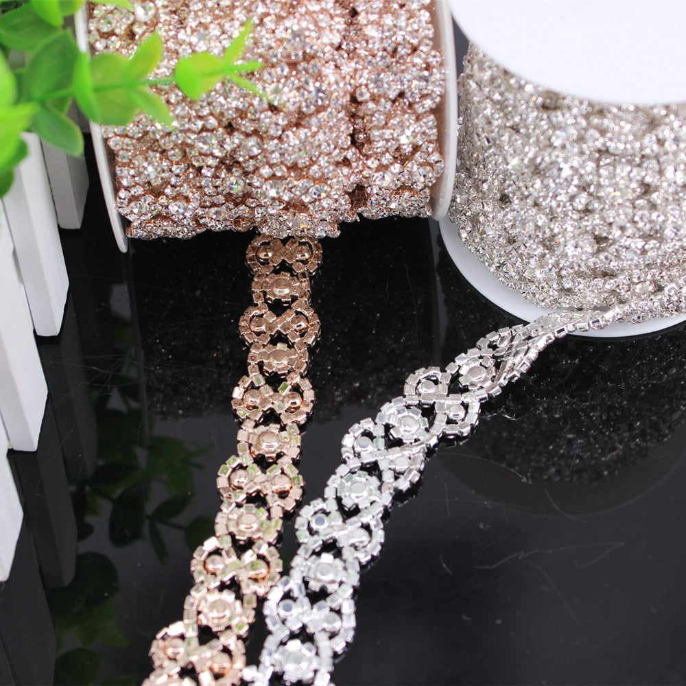 Fancy Rose Gold Fashion Crystal Rhinestone Cup Chain Trimming Bridal Dress Decoration for Wedding Dresses Garment Applique Trim