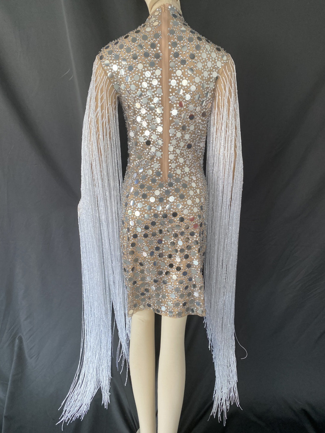 Fashion silver rhinestone sequin tassel sleeve ballroom dress