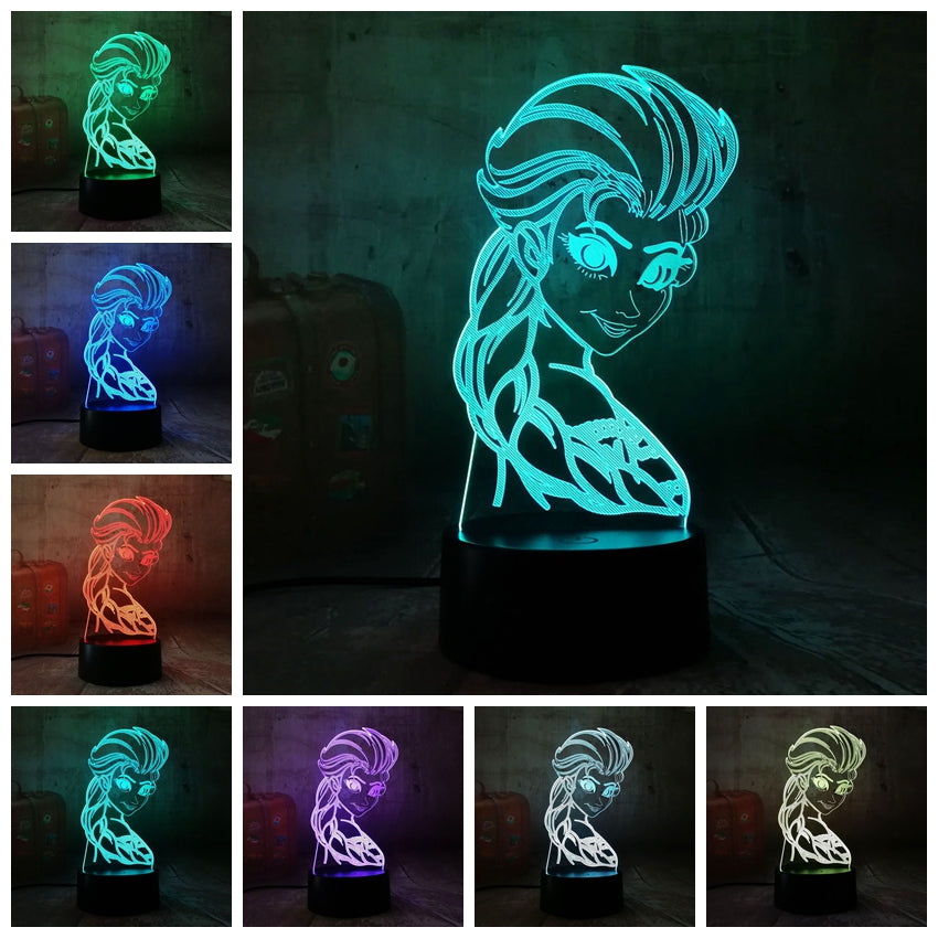 Remote control beautiful queen elsa 3d visual led lamp décor