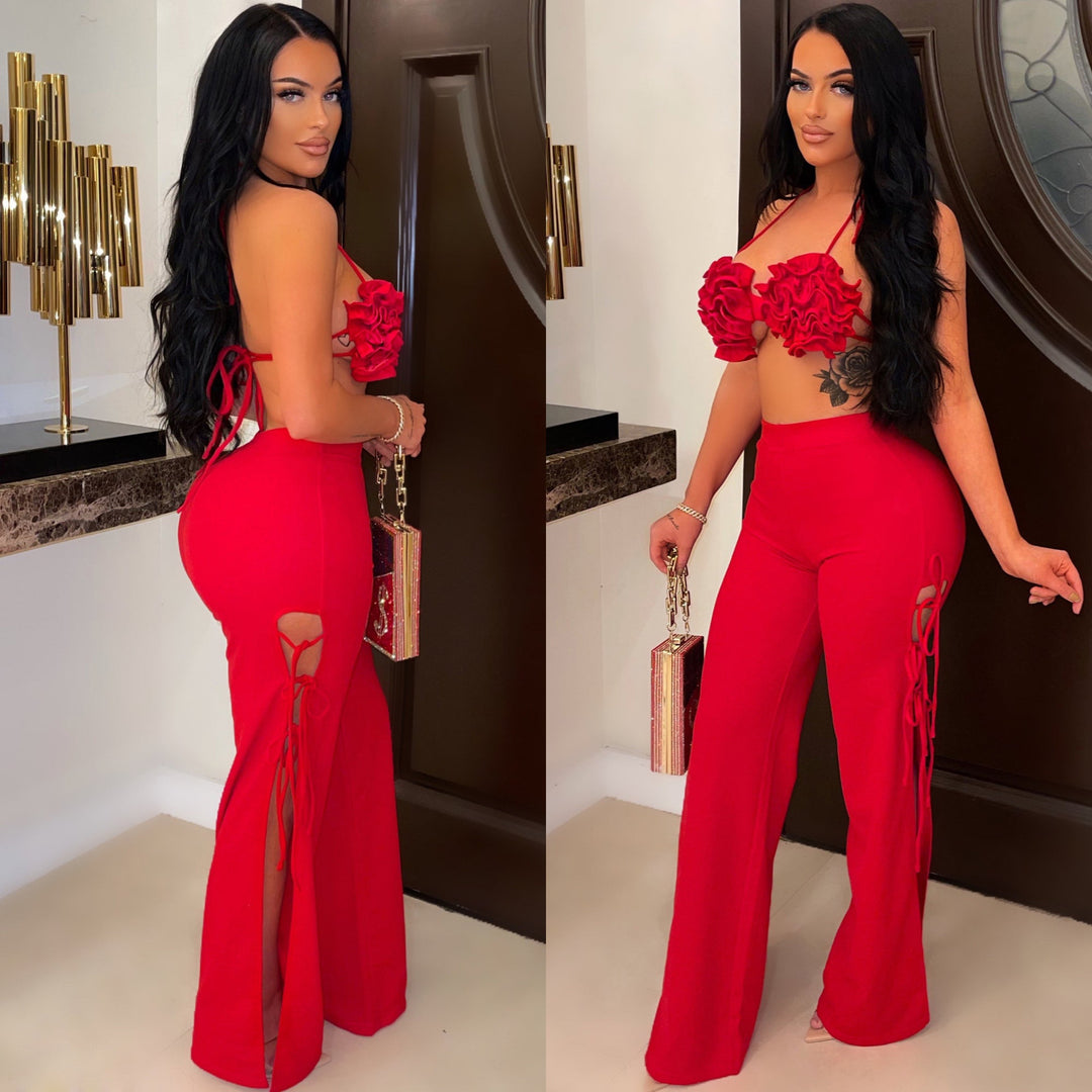 Solid color sexy tie up flared two piece womens pant bra set