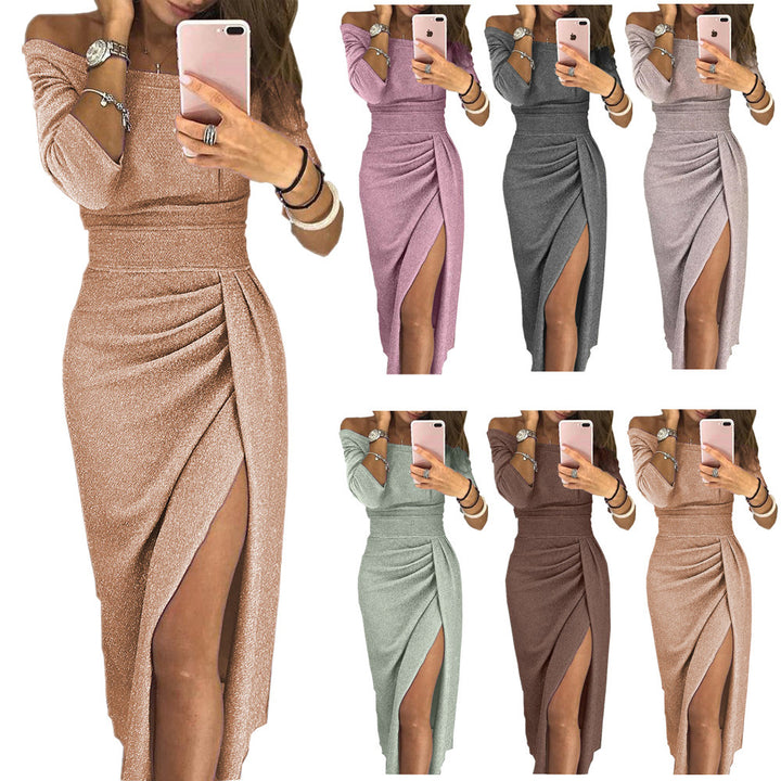 9 colors fashion womens hip slit off shoulder shiny dress