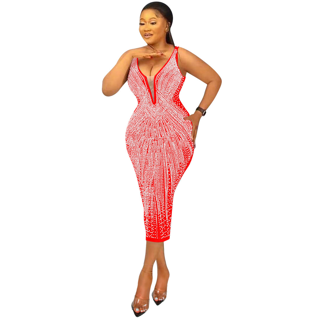 Womens Fashion tight v neck sleeveless sparkle rhinestone dress plus size maxi