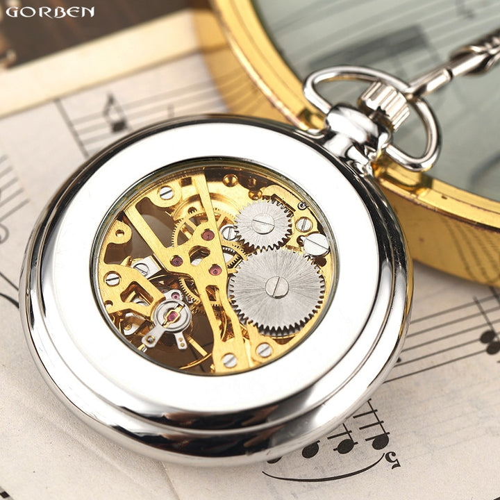 Silver tansparent mechanical unisex fob chain hand winding full steel pocket watch