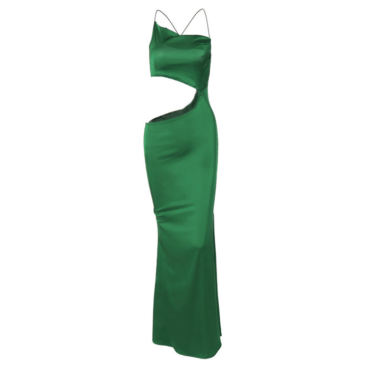 Trendy new ladies elegant spaghetti strap dress hollow waist green long maxi