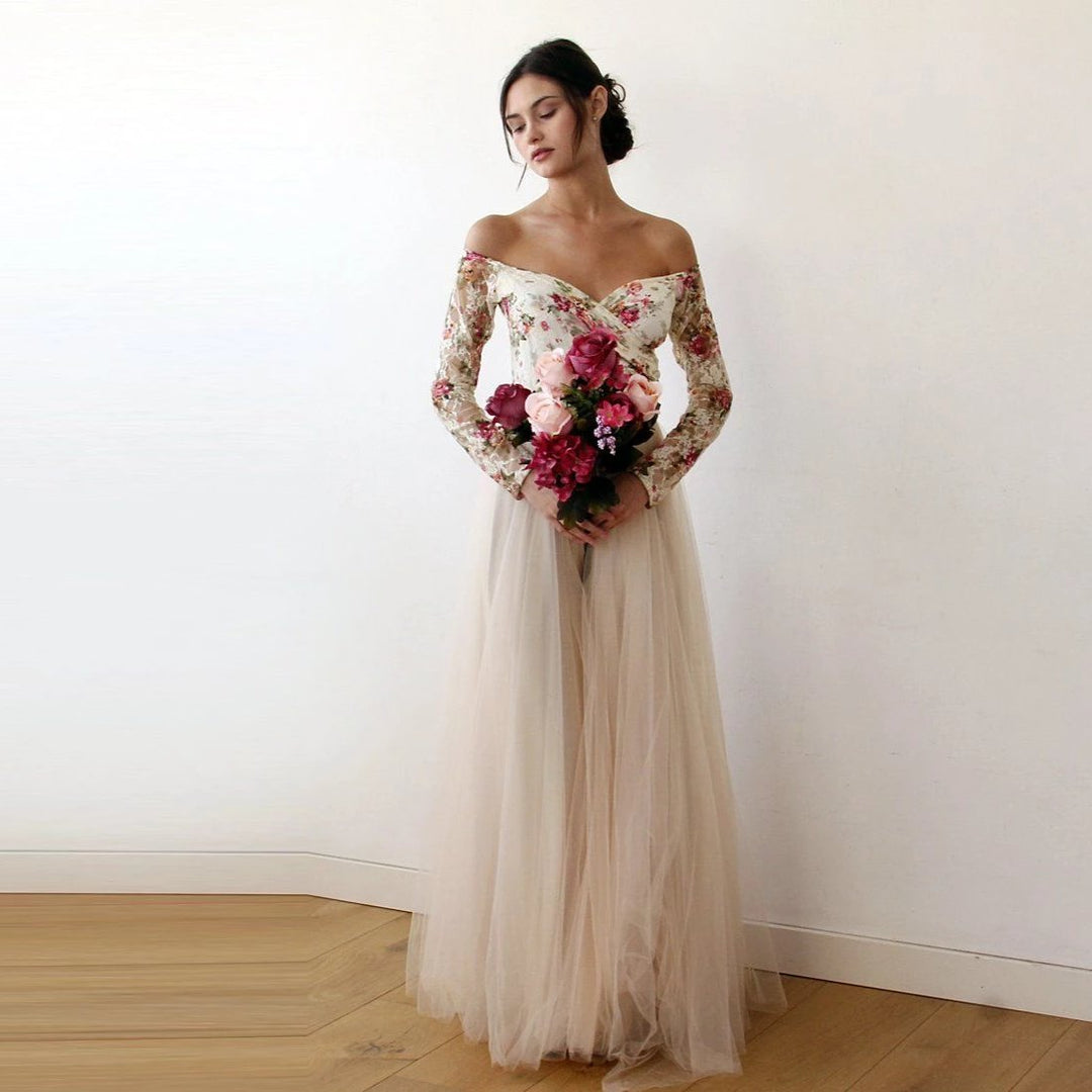 Off-Shoulder Floral and Champagne Tulle Dress  #1176