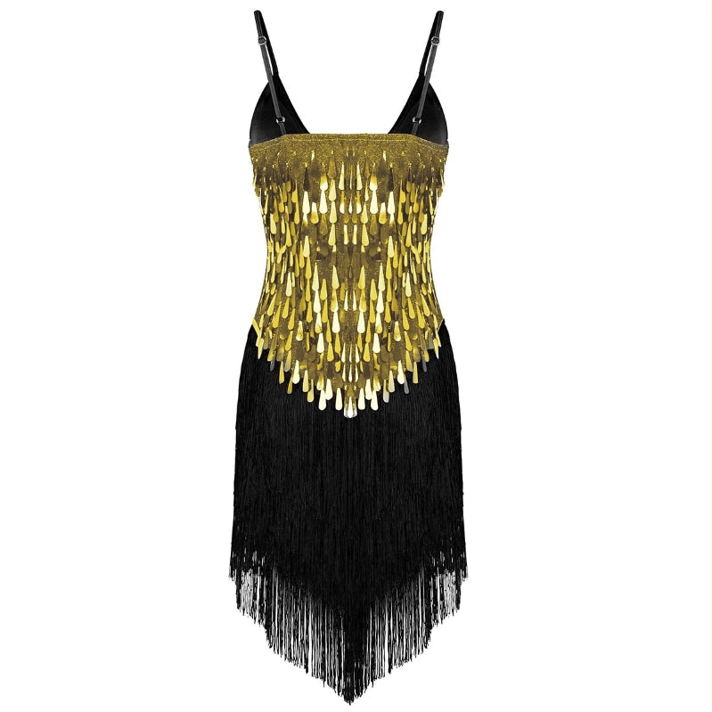 Women spaghetti straps sparkling sequins evening dress fringe gowns