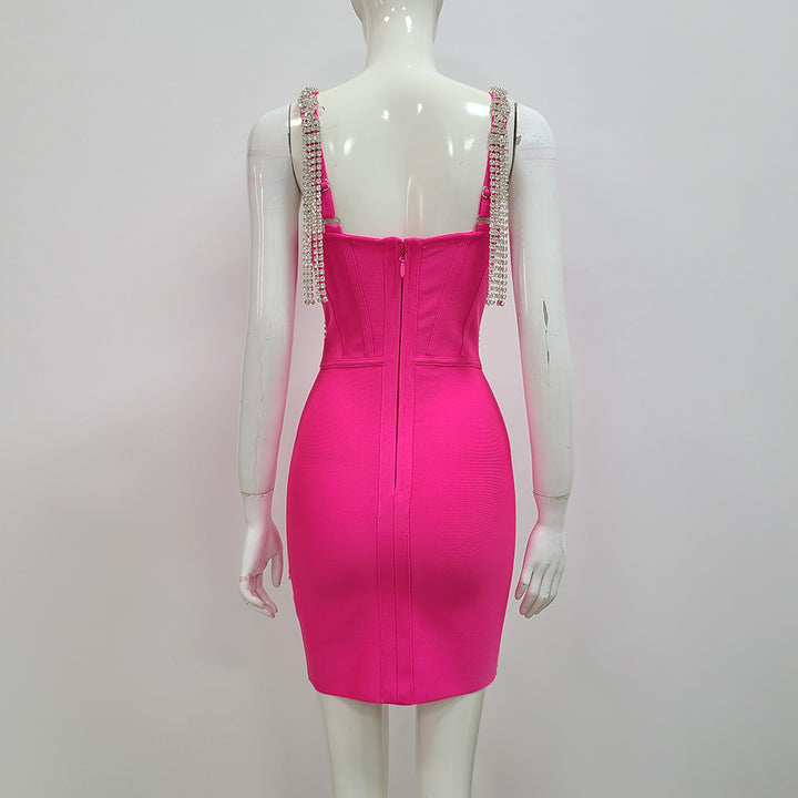 Crystal strap knitted women rhinestone party wear bodycon mini dress