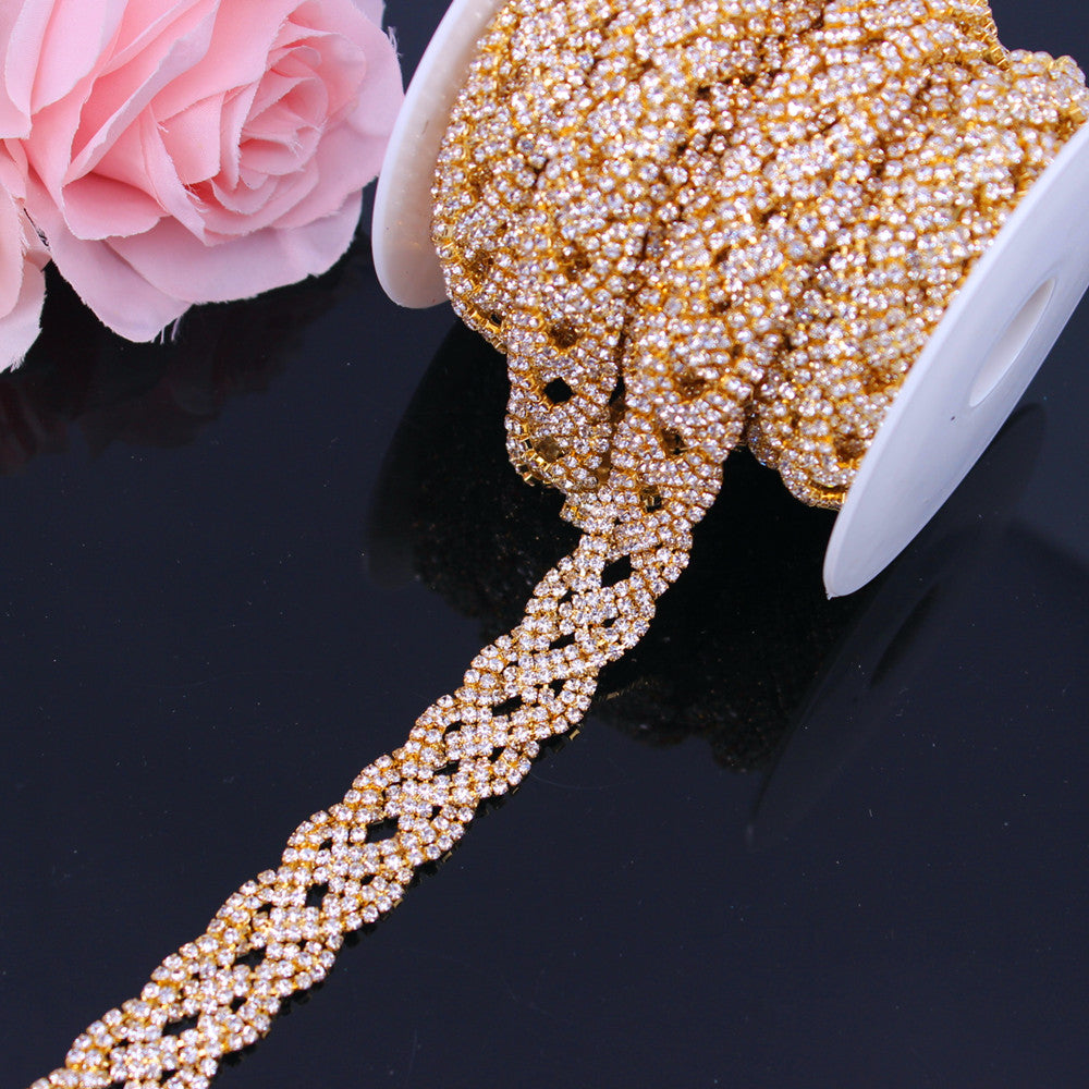 Fancy Rose Gold Fashion Crystal Rhinestone Cup Chain Trimming Bridal Dress Decoration for Wedding Dresses Garment Applique Trim