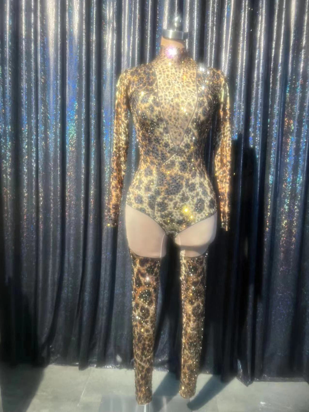 Leopard print rhinestone bodysuit leotard women bodycon 1 pc jumpsuit