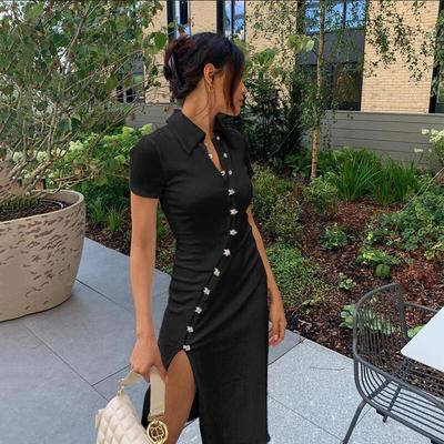 Womens bodycon short sleeve button turn down collar casual split midi