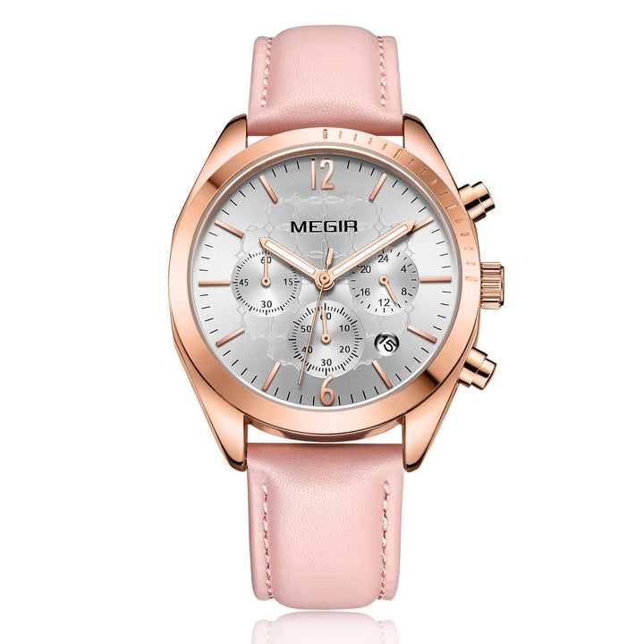 Womens waterproof top brand chronograph genuine leather bracelet watch