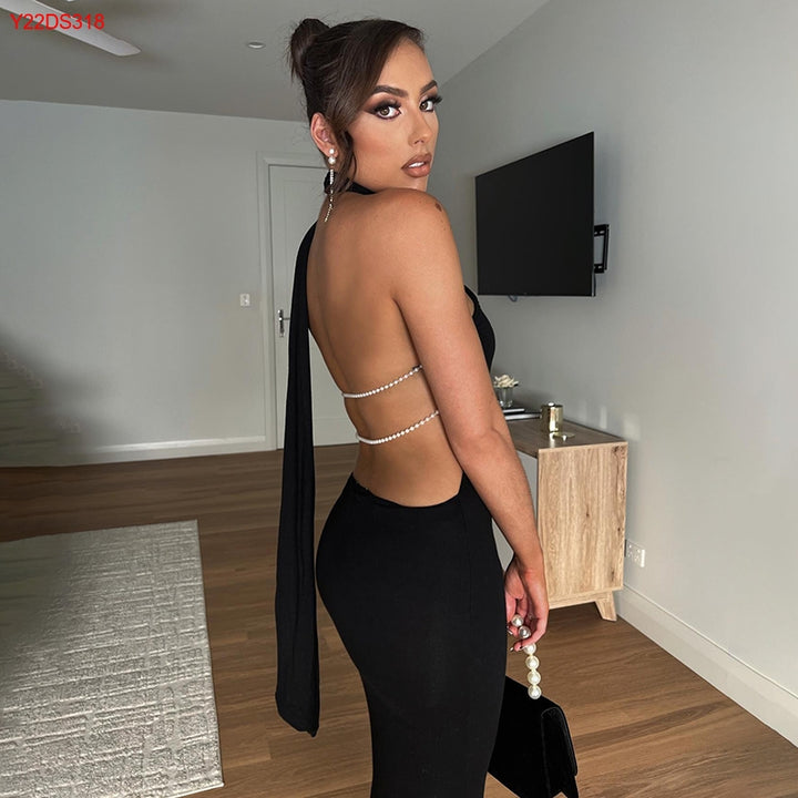 Elegant Summer Partywear Black Backless Fashion Dress