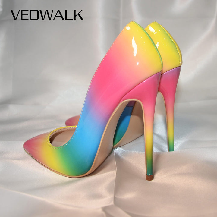 Veowalk Rainbow Colorful Patent Leather Women Sexy Stiletto Extemely High Heels, Fashion Pointed Toe Pumps Party Shoes