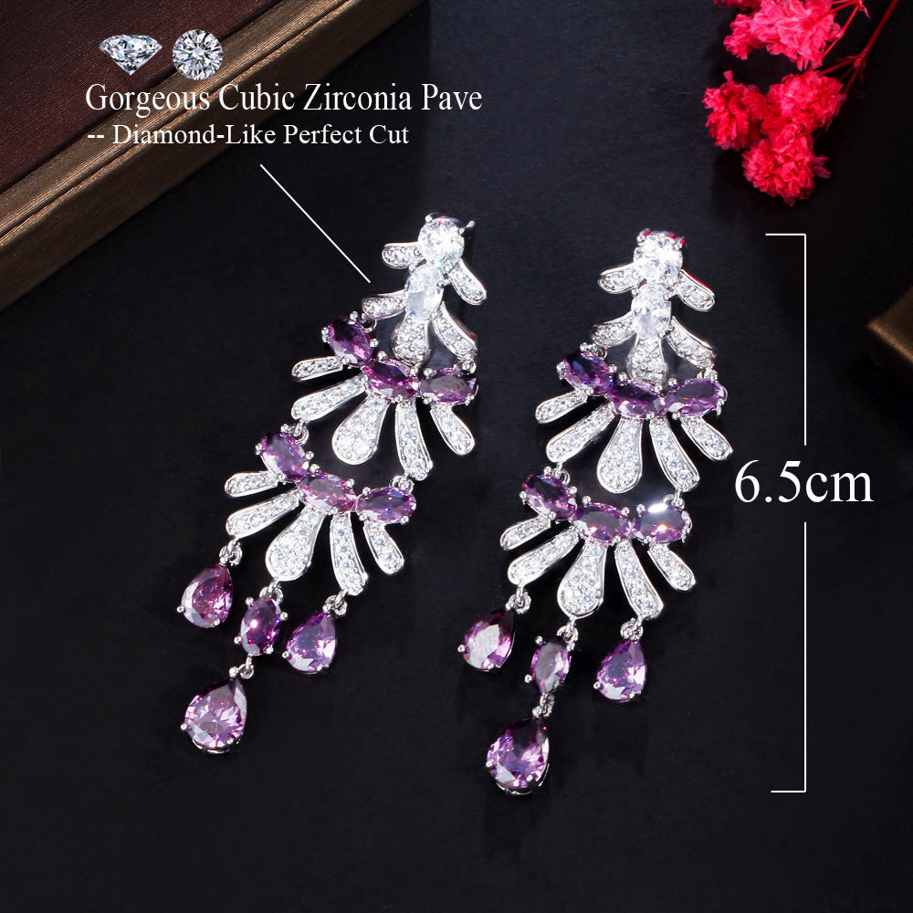 Royal purple cubic zirconia crystal long drop tassel womens wedding earings