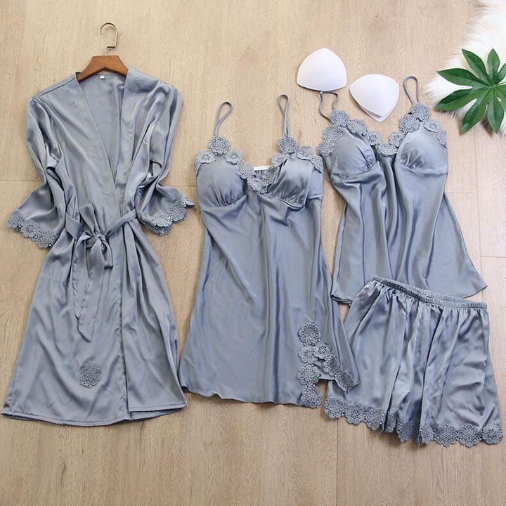 4 pc pajamas set night gown long short dress and pants womens loungewear