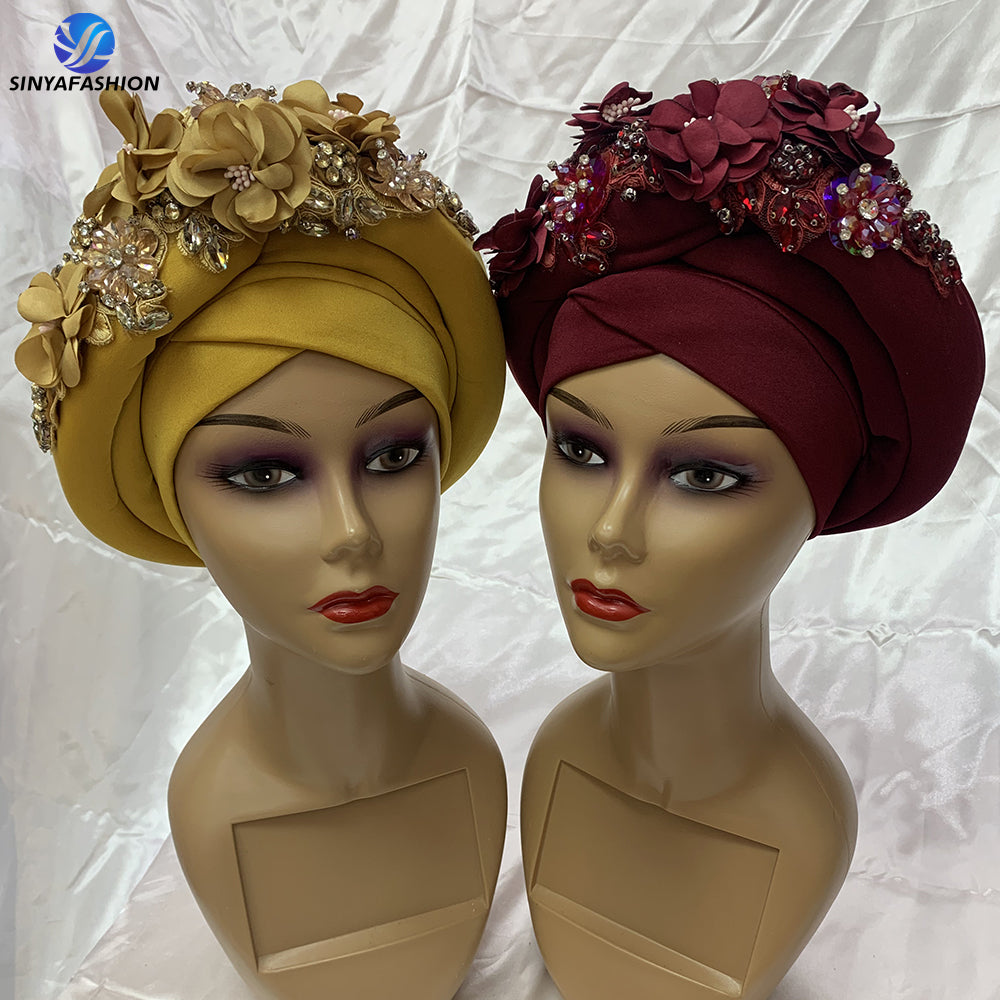 Best selling turban hat flower designs crystal auto gele headtie for women