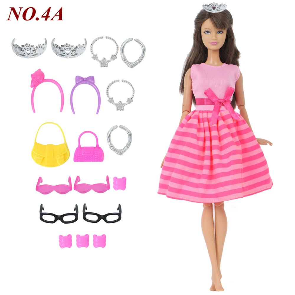 14 Pcs / Lot = 1x Fairy Tale Doll Dress + 13x Random Accessories Shoes Handbag Glasses Clothes for Barbie Doll Baby Girl Toys