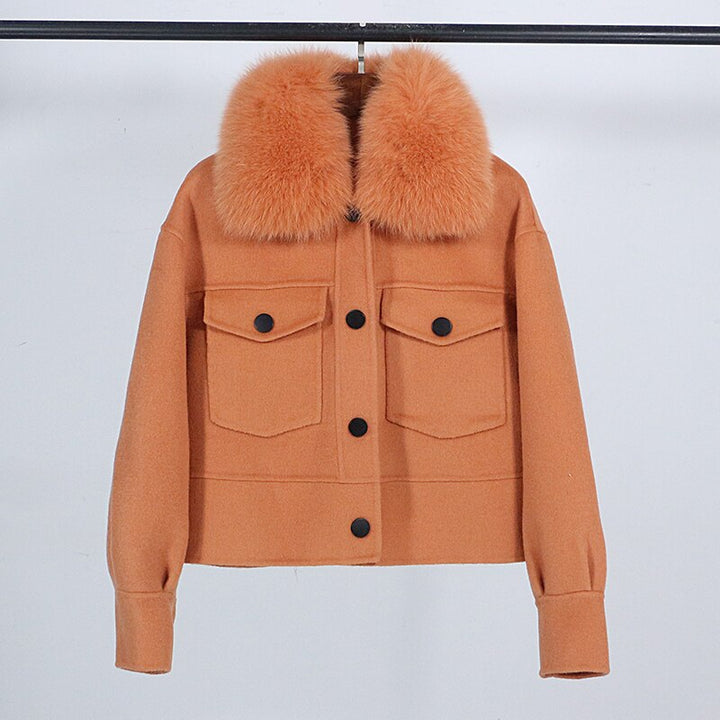 Wool blend womens winter jacket real fur collar pockets outwear