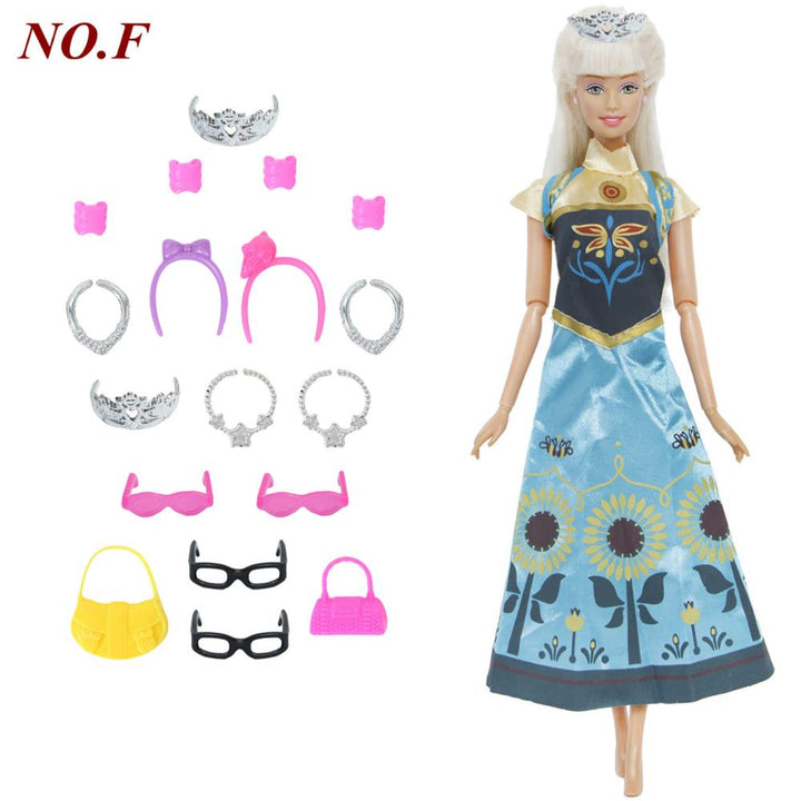 14 Pcs / Lot = 1x Fairy Tale Doll Dress + 13x Random Accessories Shoes Handbag Glasses Clothes for Barbie Doll Baby Girl Toys