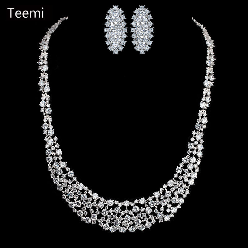 Bridal jewelry white gold plated zirconia diamond big earrings necklace set