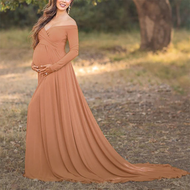 Womens cotton off shoulder long sleeves v neck trailed maternity dress