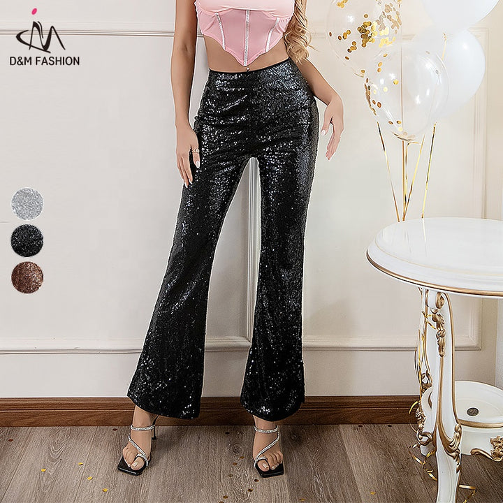 Glitter shiny women trousers high waist wide leg sequined sliver flare pants