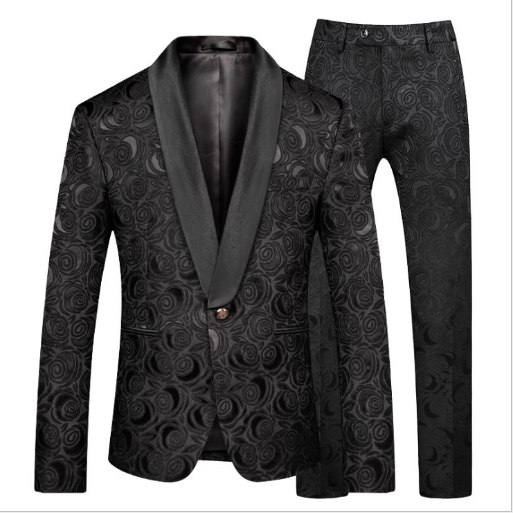 2 Pieces Men's Tuxedo Suit Sets Jacquard Black White Retro Lapel Slimming Floral Wedding Clothing Man Suit With Pant