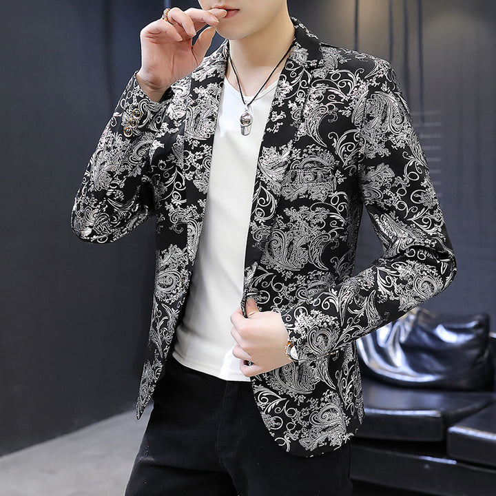 Men Blazer Suit Printed Slim Lapel Collar Casual Mens Suit Thin Jacket Youth Costumes