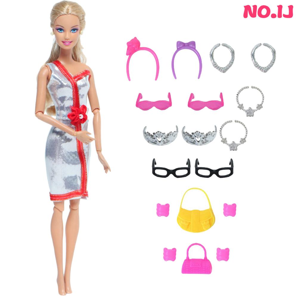 14 Pcs / Lot = 1x Fairy Tale Doll Dress + 13x Random Accessories Shoes Handbag Glasses Clothes for Barbie Doll Baby Girl Toys