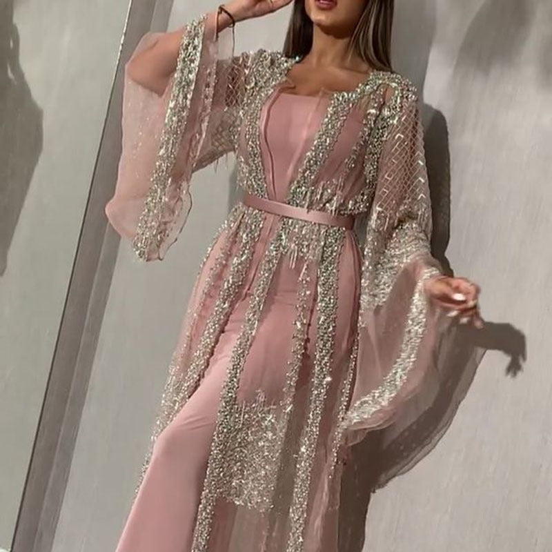 Long gold sequin evening embroidery women club cocktail gown dress