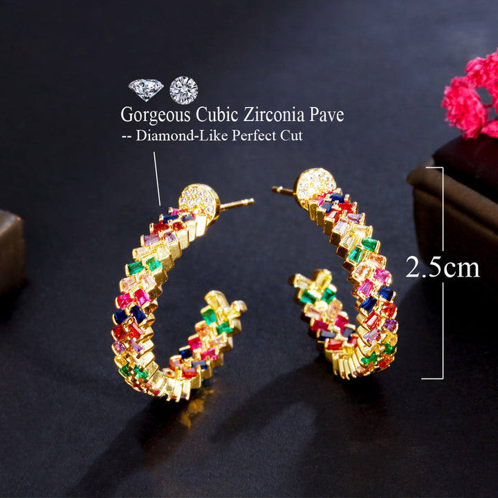 Trend Brilliant Colorful Cubic Zirconia Stone Half Round Brazilian 18k Gold Plated Women Circle Hoop Earrings Bohemian Jewelry