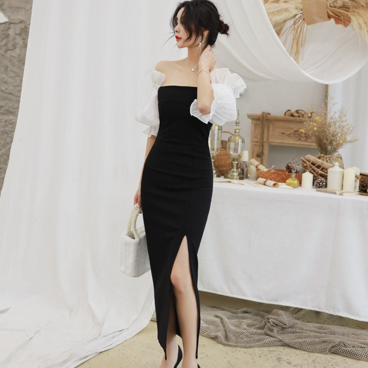 Elegant gown dress womens backless lantern sleeve