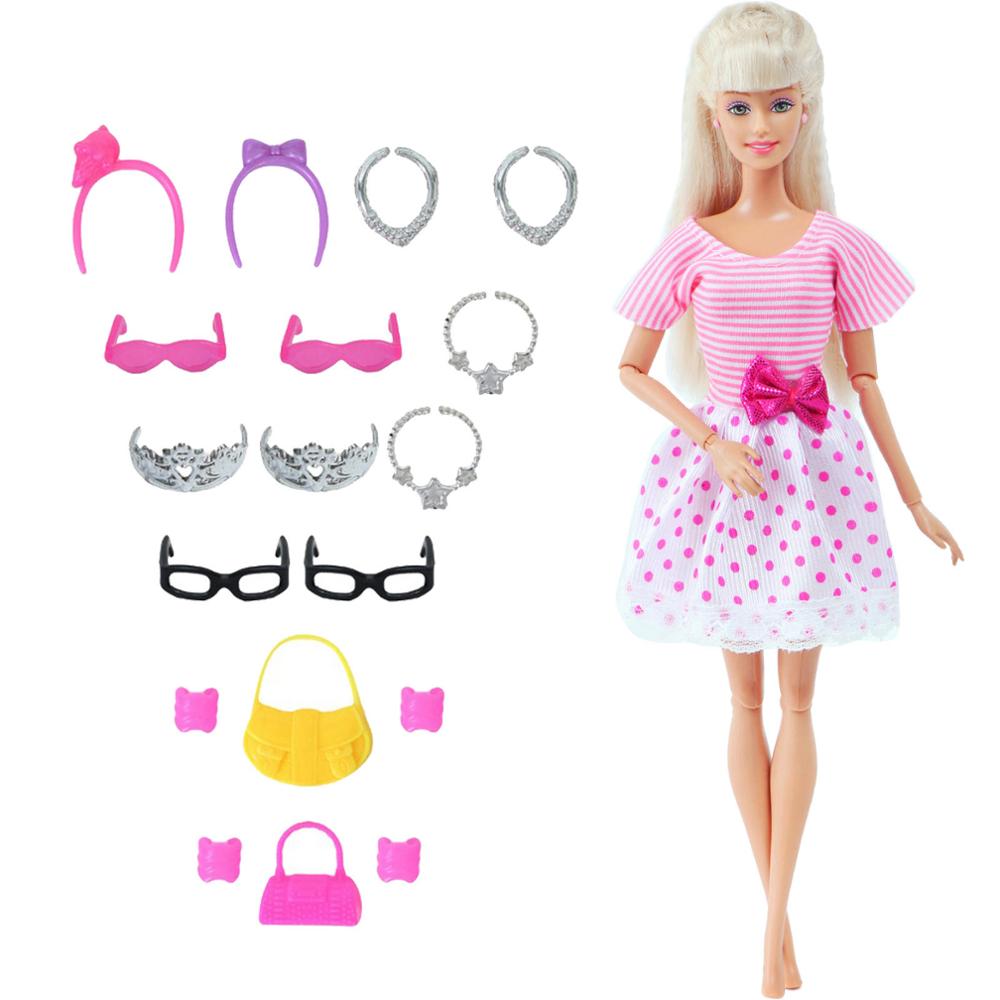 14 Pcs / Lot = 1x Fairy Tale Doll Dress + 13x Random Accessories Shoes Handbag Glasses Clothes for Barbie Doll Baby Girl Toys