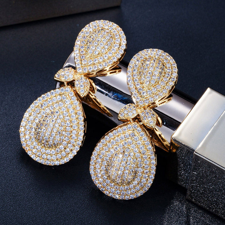 Jewelry micro cz cubic zirconia long golden plated bridal earrings for women