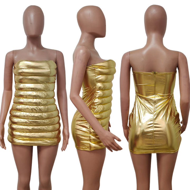 Womens shiny gold metallic silver dress pu leather sleeveless bodycon mini