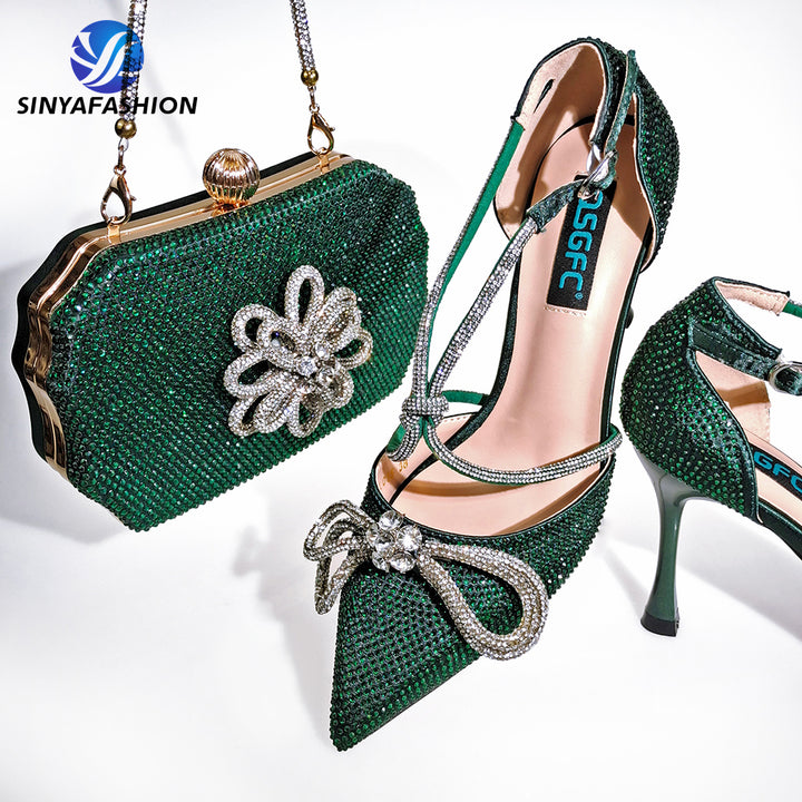 Sinya Italian Hot Sale Women Shoes and Matching Bag Set African Silver High Heels Shoes and Clutch Sets for Party Wedding Bride