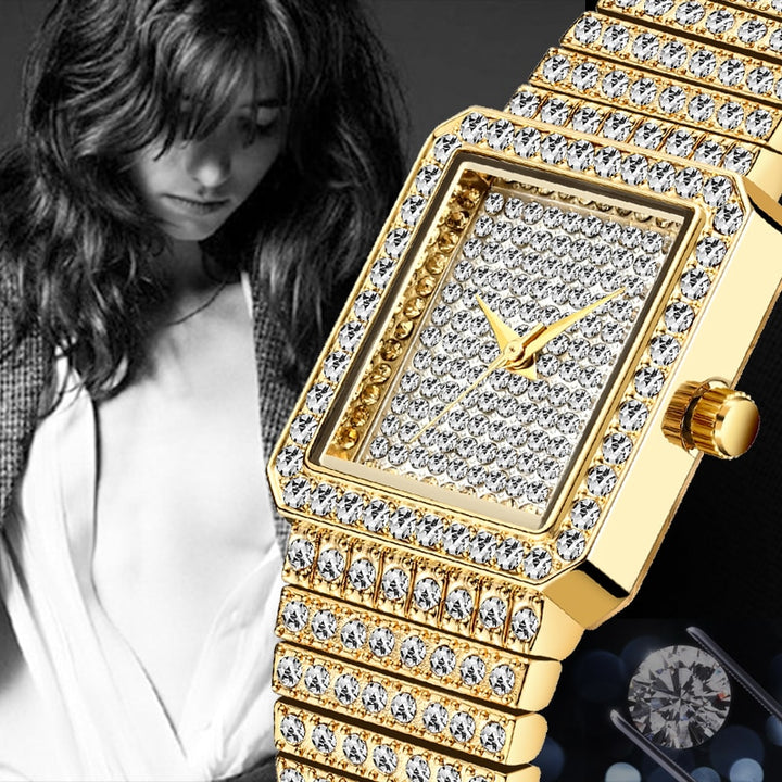 MISSFOX Diamond Watch for Women Luxury Brand Ladies Gold Square Watch Minimalist Analog Quartz Movt Unique Female Iced Out Watch