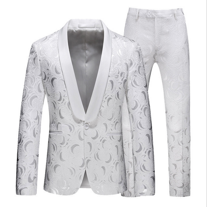 2 Pieces Men's Tuxedo Suit Sets Jacquard Black White Retro Lapel Slimming Floral Wedding Clothing Man Suit With Pant