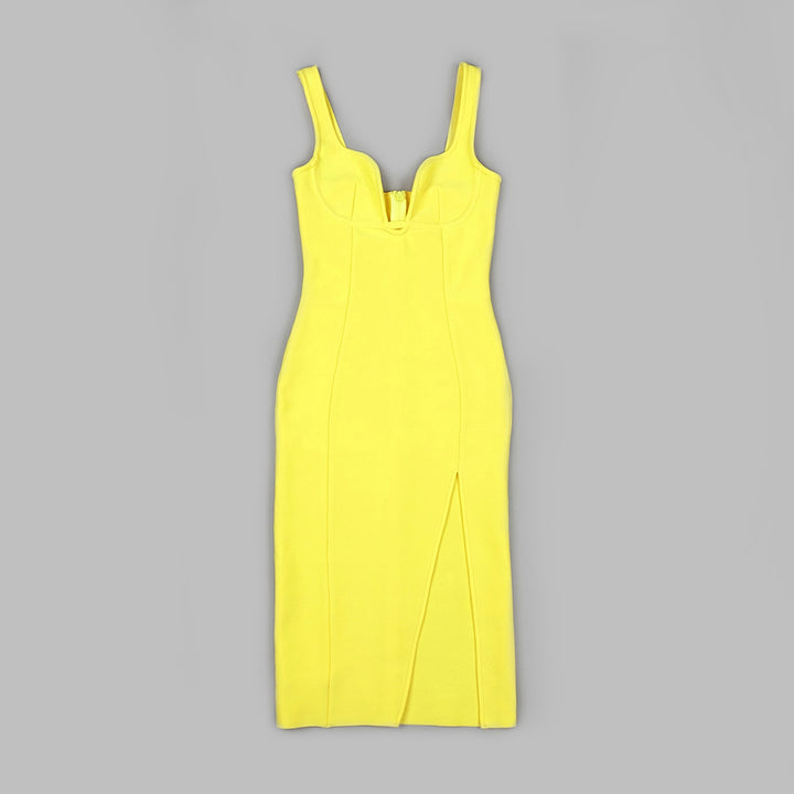 High end women clothing yellow fashion design v neck dress split