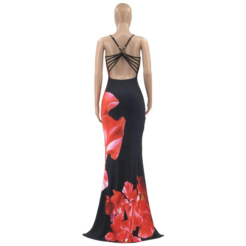 New trend women clothing dress floral printed backless elegant