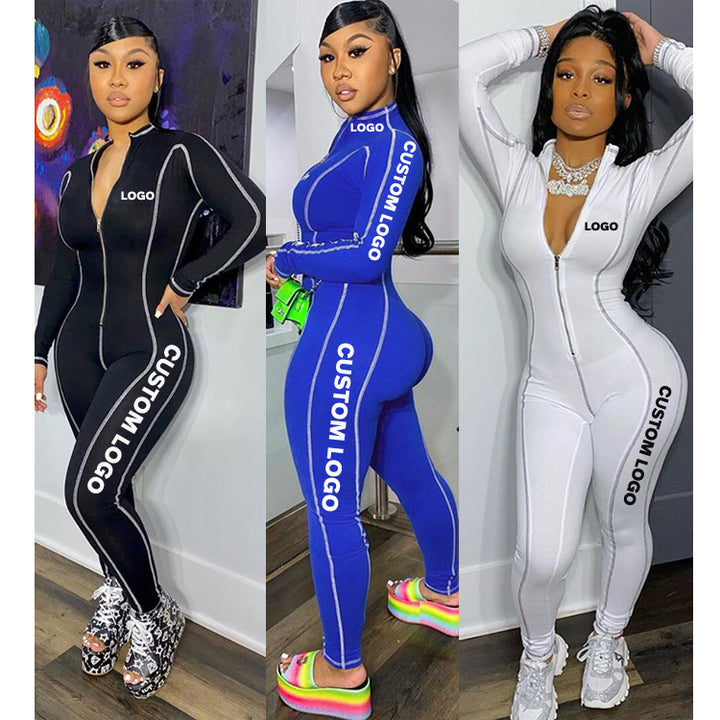 Womens zipper bodycon flatlock seam workout gym jumpsuit long sleeve legging