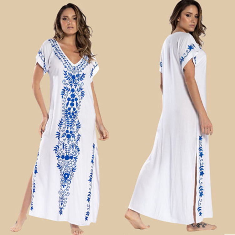 Women Maxi Dress Loose Cover Up Short Sleeve v Neck Side Split