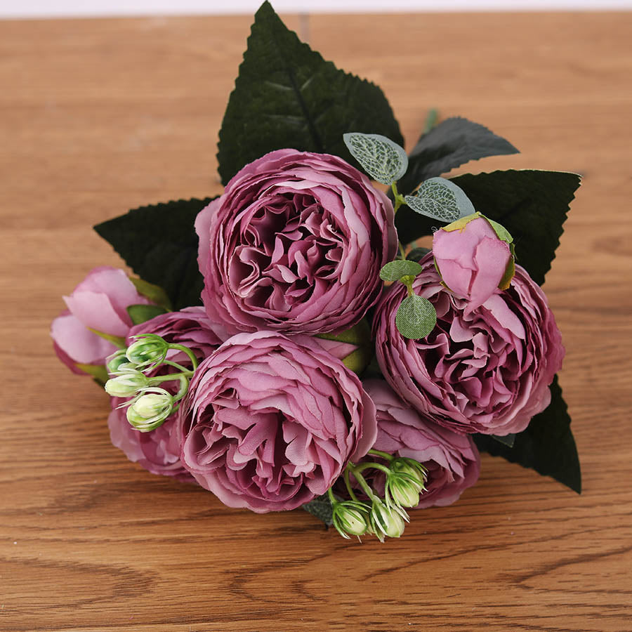 Rose pink silk bouquet peony artificial flowers 5 big heads 4 small bud bride wedding décor